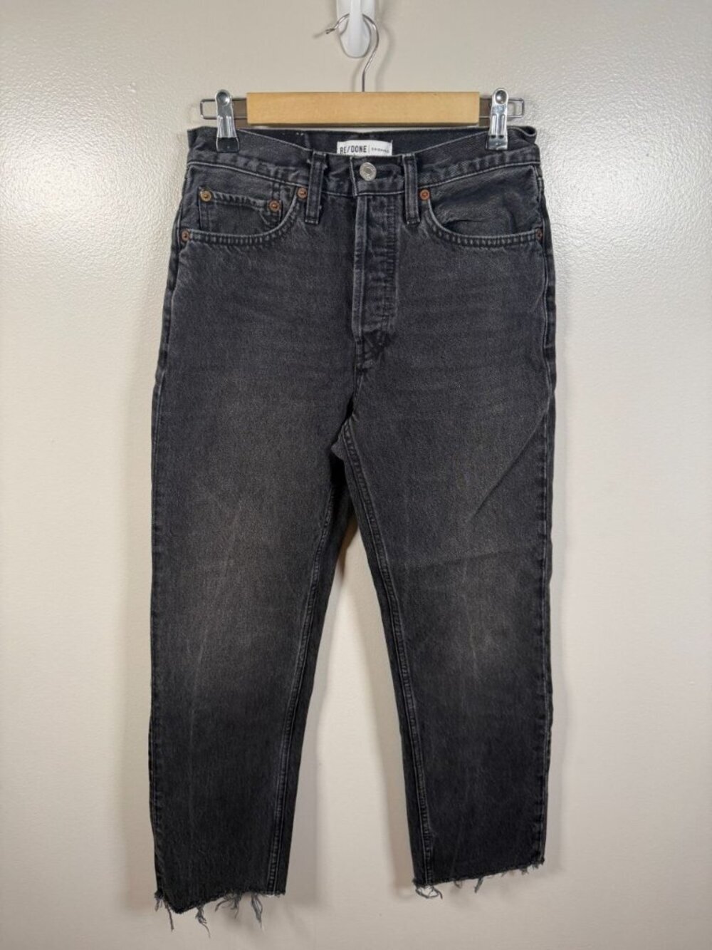 Re/Done High Rise Stove Pipe Jeans Size 26 Black Frayed Hem Denim